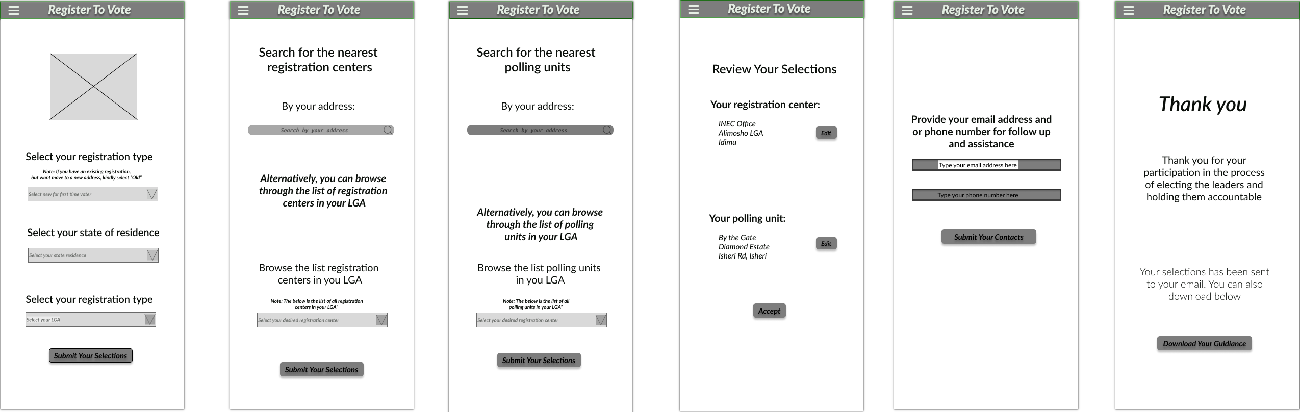wireframe for register to vote design